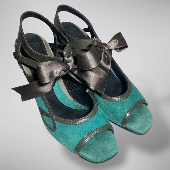 JOHN FLUEVOG Miracles Fatima Open toe Pump Heels Shoes Women Sz 7 Turquoise Grey - Picture 6 of 11